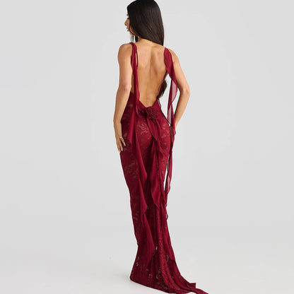 Lace Backless Spaghetti Strap Trailing Ribbon Ruffle Maxi Dress