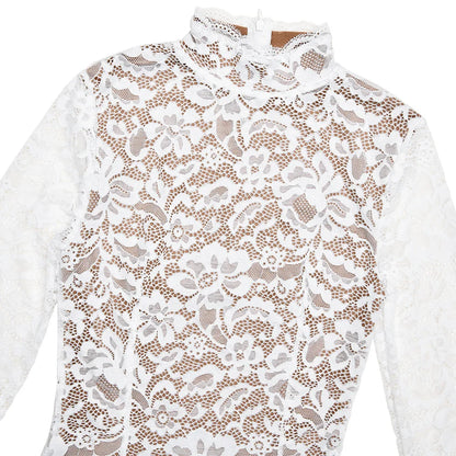 Floral Lace High Neck Long Sleeve Bodycon Midi Dress