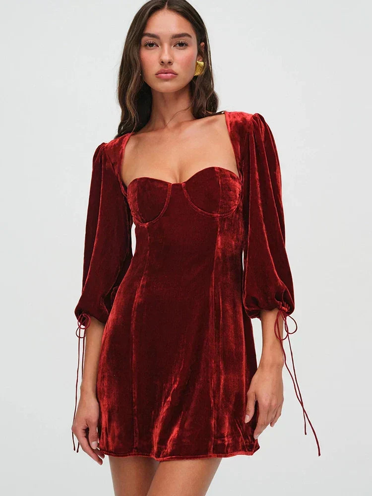 Velvet Puff Sleeve Tie Cuff Open Back Buckle Strap Mini Dress