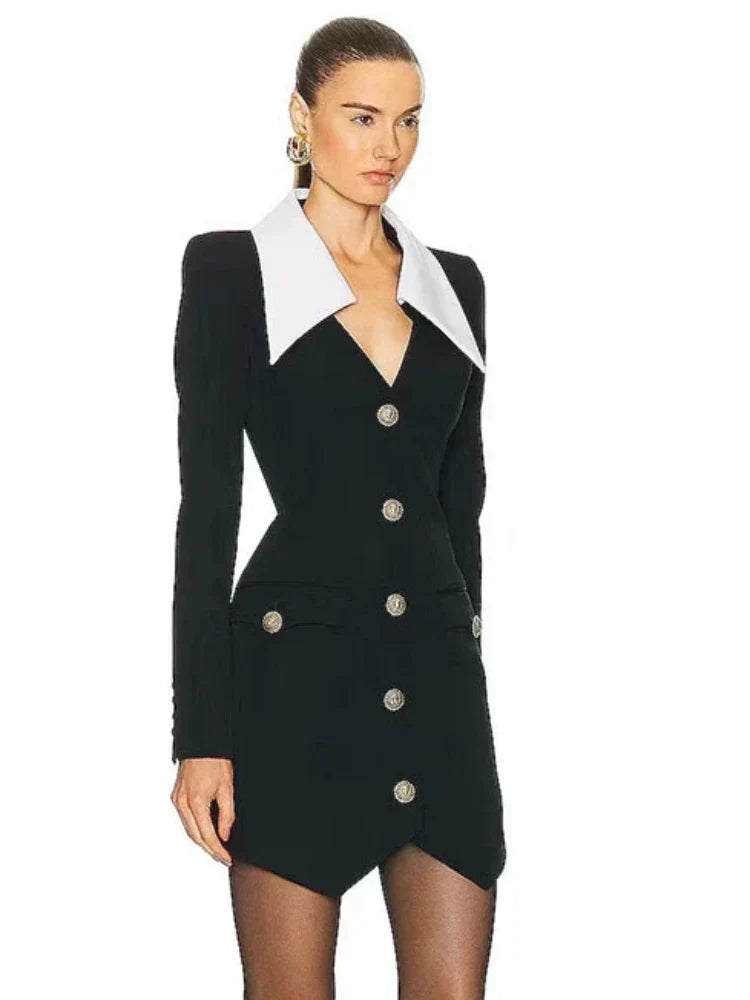 Contrast Collar Metal Button Flap Pocket Blazer Mini Dress
