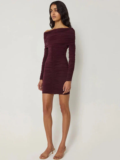 Asymmetric Neck Ruched Gathered Long Sleeve Bodycon Mini Dress