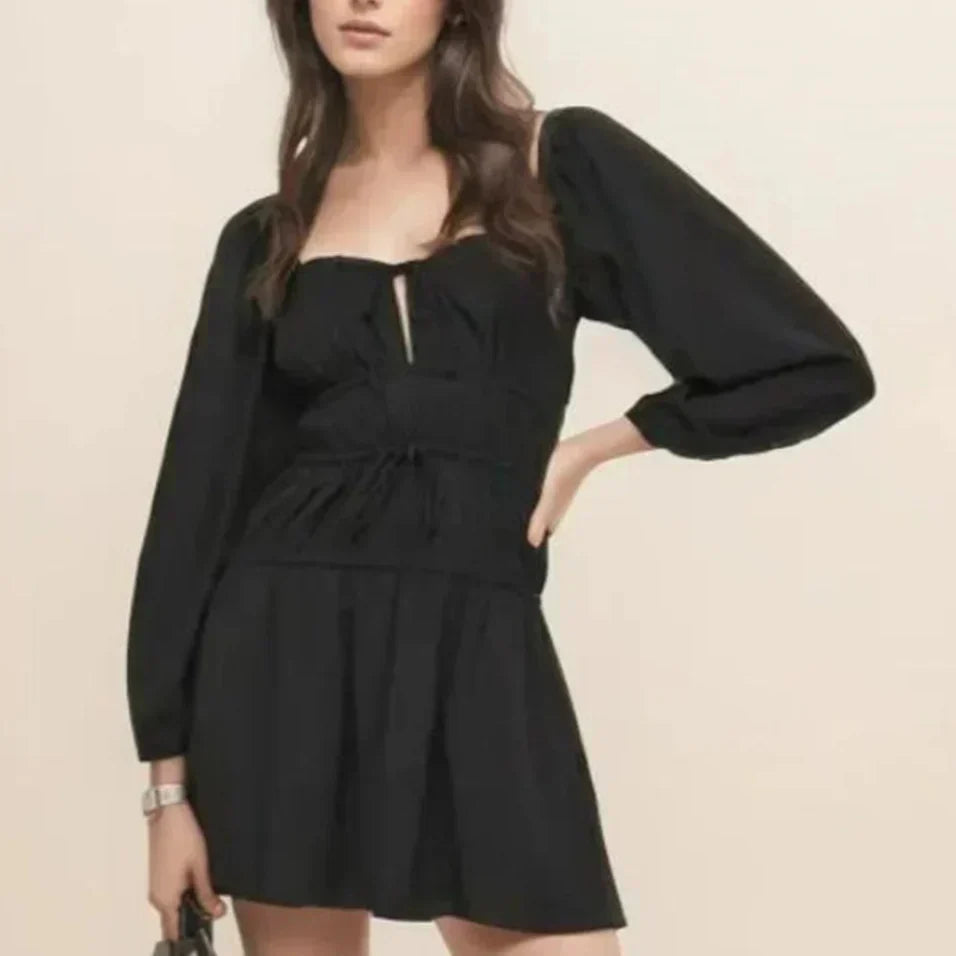 Square Neck Bow Tie Puff Sleeve Smocked Waist Mini Dress