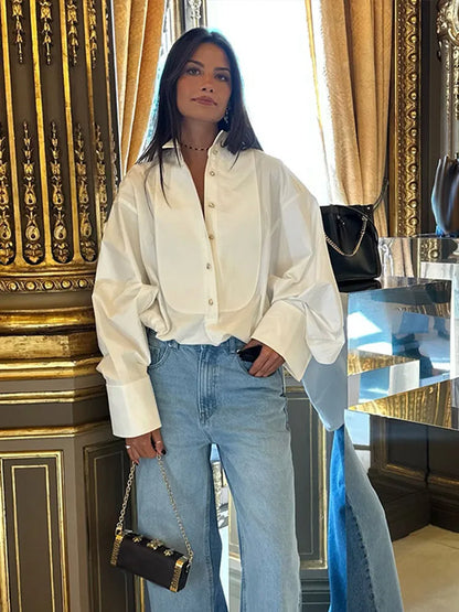 Elegant Irregular Women's Blouse Women Lapel Single Breasted Long Sleeve Shirt Lady Casual 2025 Spring New France Style Shirts