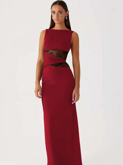 One Shoulder Lace Panel Waist Cutout Bodycon Maxi Dress