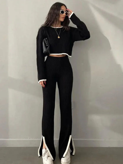Black - Knitted Sweater Wide-Leg Pants Two Piece Set