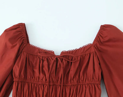 Square Neck Bow Tie Puff Sleeve Smocked Waist Mini Dress