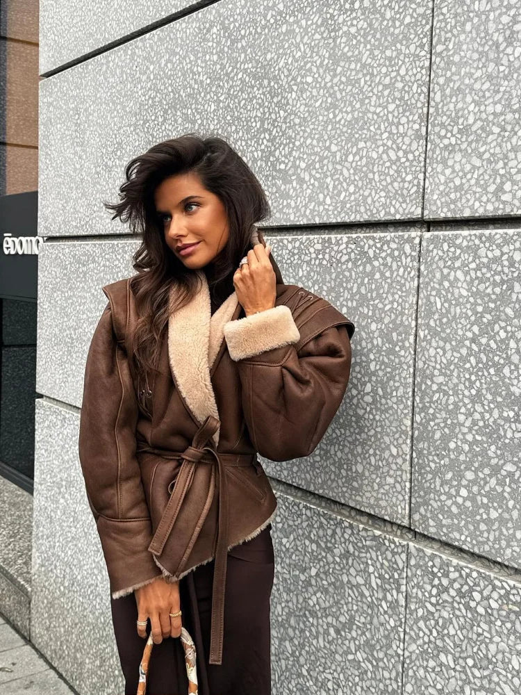 Fashion Warm Furry Leather Woman Jacket With Belt Chic Lapel Long Sleeve Motorcycle Coat Lady 2024 Winter High Street Outerwear