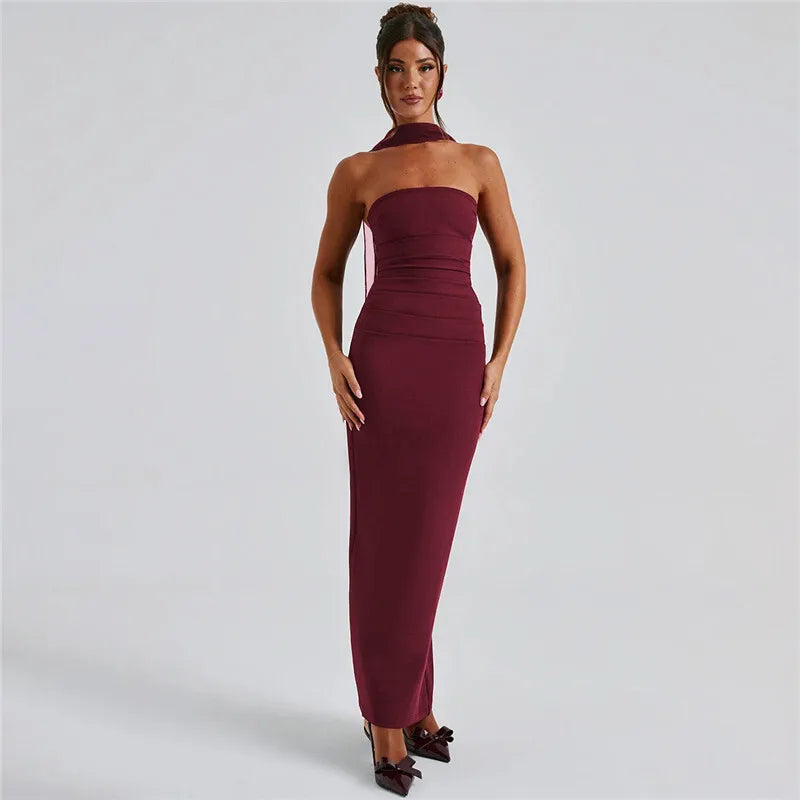 Strapless Ruched Waist Mesh Glove Bodycon Maxi Dress