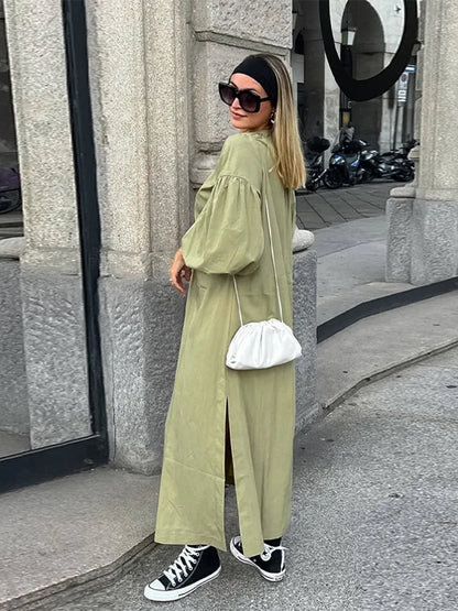 Casual Street Lace Up Long Dresses Women New Chic Loose V-neck Side Slit Solid Dress Female Summer Versatiel Street Party Robes