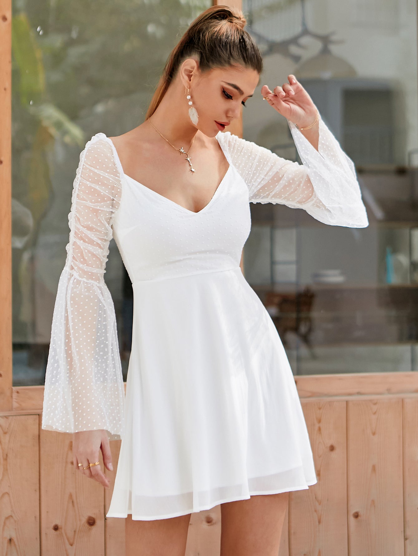 Swiss Dot Sheer Bell Sleeve Sweetheart Fit-and-Flare Mini Dress