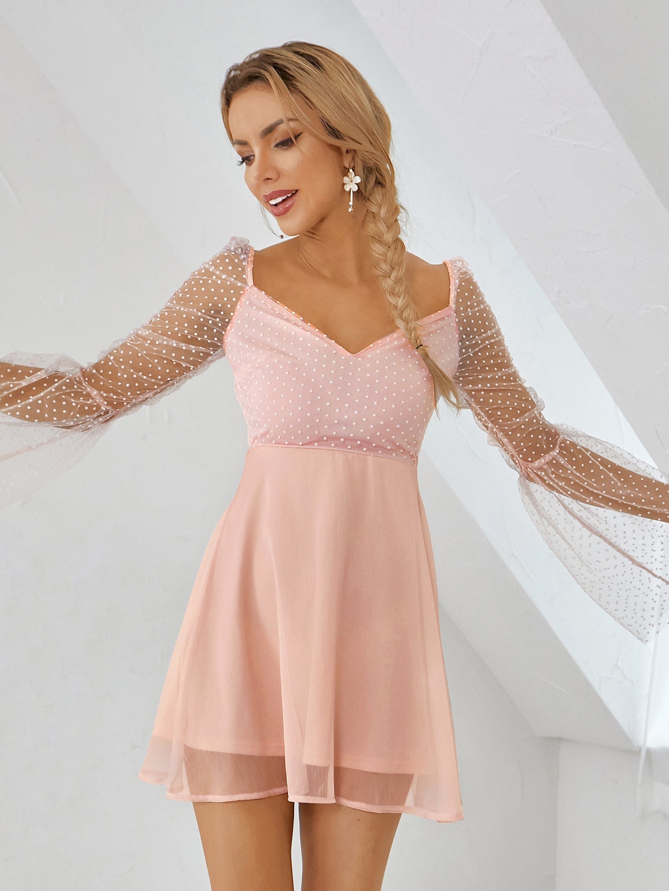 Swiss Dot Sheer Bell Sleeve Sweetheart Fit-and-Flare Mini Dress