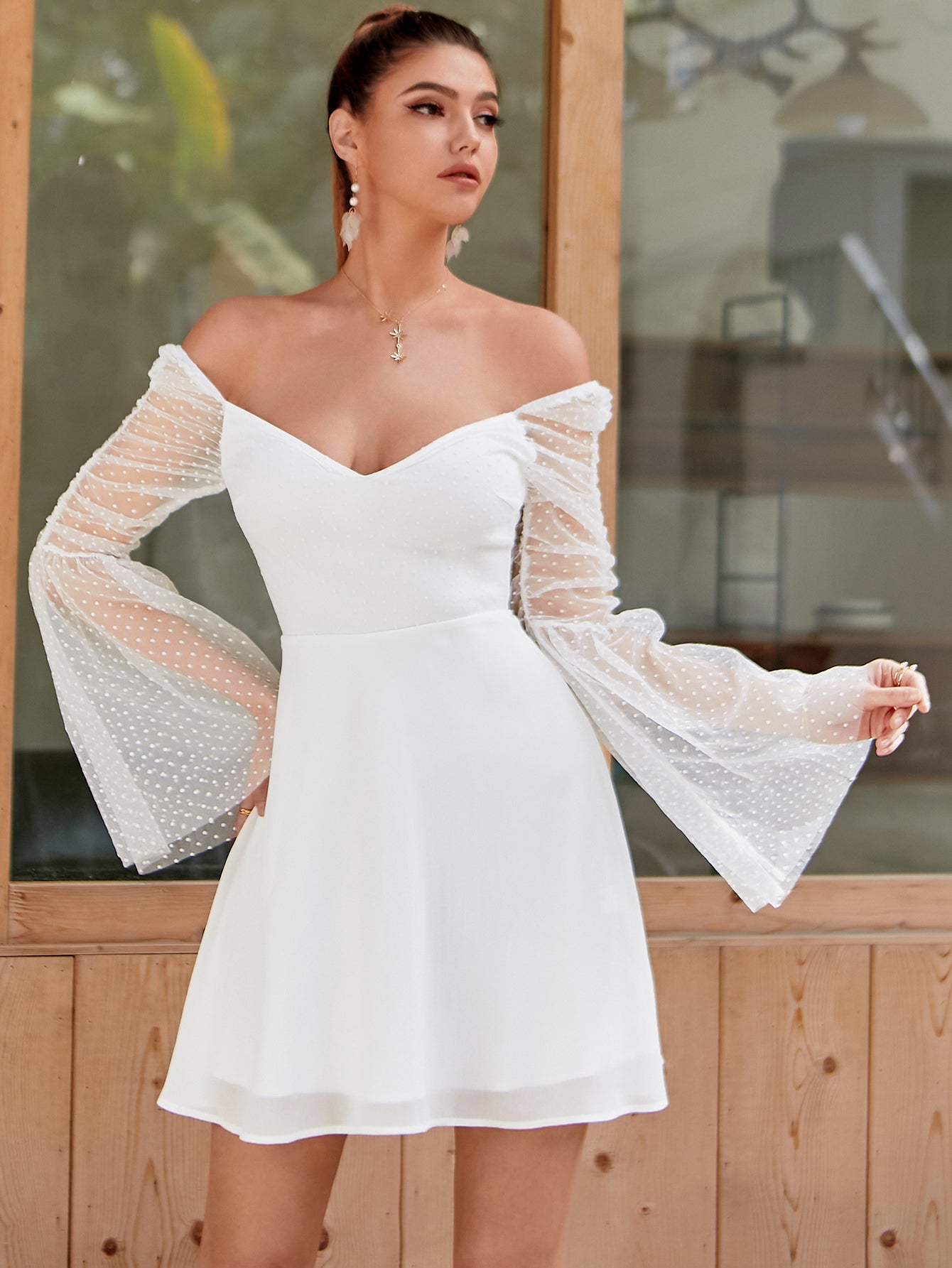 Swiss Dot Sheer Bell Sleeve Sweetheart Fit-and-Flare Mini Dress