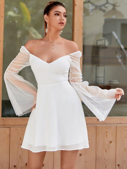 Swiss Dot Sheer Bell Sleeve Sweetheart Fit-and-Flare Mini Dress