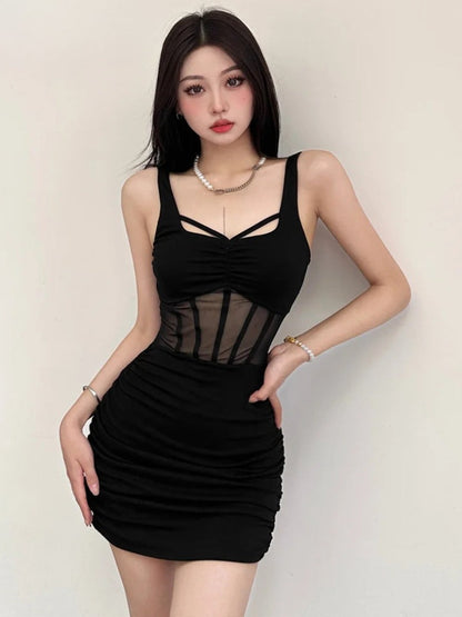 Square Neck Corset Waist Sheer Mesh Panel Bodycon Mini Dress