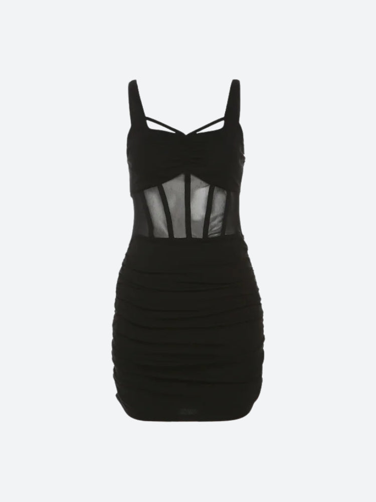 Square Neck Corset Waist Sheer Mesh Panel Bodycon Mini Dress