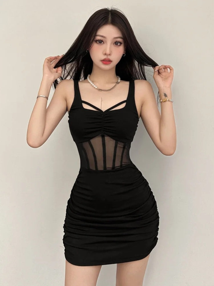 Square Neck Corset Waist Sheer Mesh Panel Bodycon Mini Dress