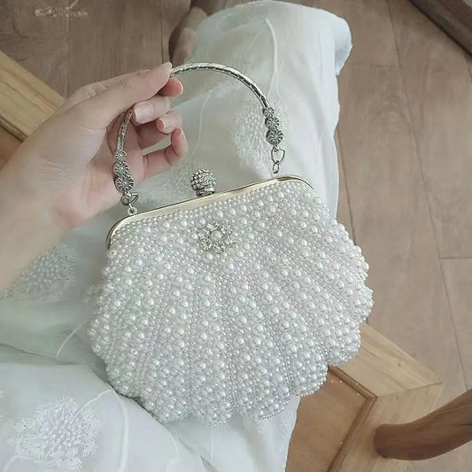 Shell Pearl Beaded Evening Clutch Bag with Chain