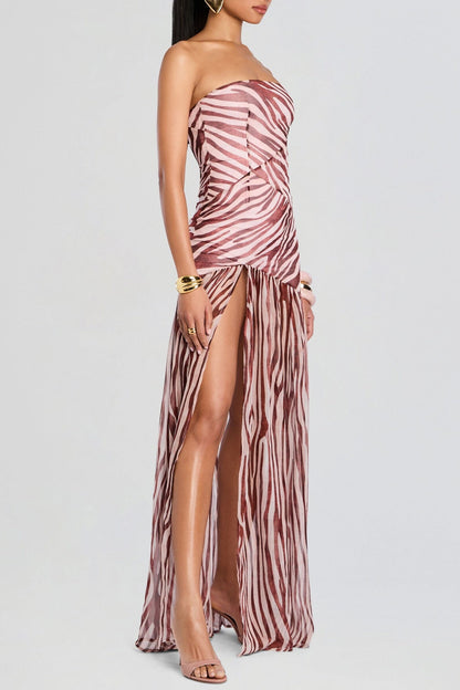 Shmaka Zebra Print Strapless Slit Maxi Dress
