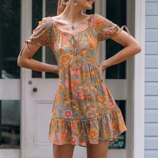 Short Puff Sleeve Mini Dress Vintage Cotton Rayon Orange Floral Print Summer Dress