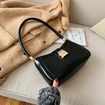 Solid PU Leather Trendy Lock Shoulder Bag