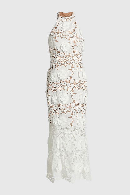 Shyheim Floral Appliqué Lace Halter Midi Dress