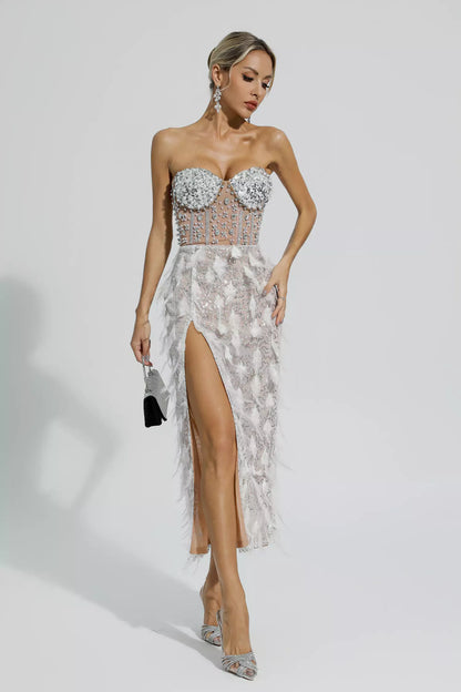 Siena Feather Tube Top Dress-White