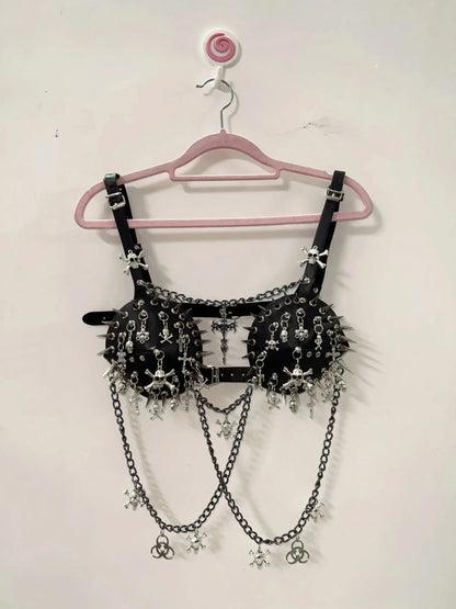 Metal chain rivet skull applique buckle cami top