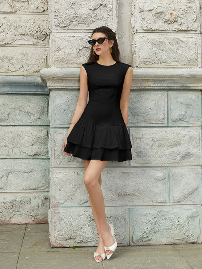 Sleeveless Pleated Hem Ruched Solid Dress