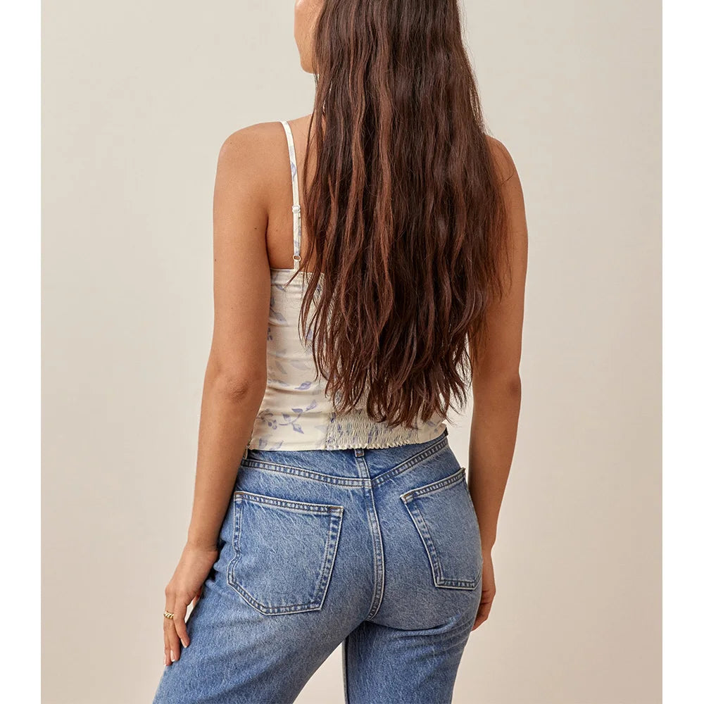 Floral Print Sweetheart Neck Smocked Spaghetti Strap Cami