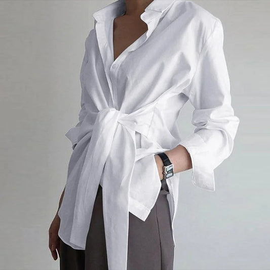 Slim Button Ruched Lace-Up Blouse