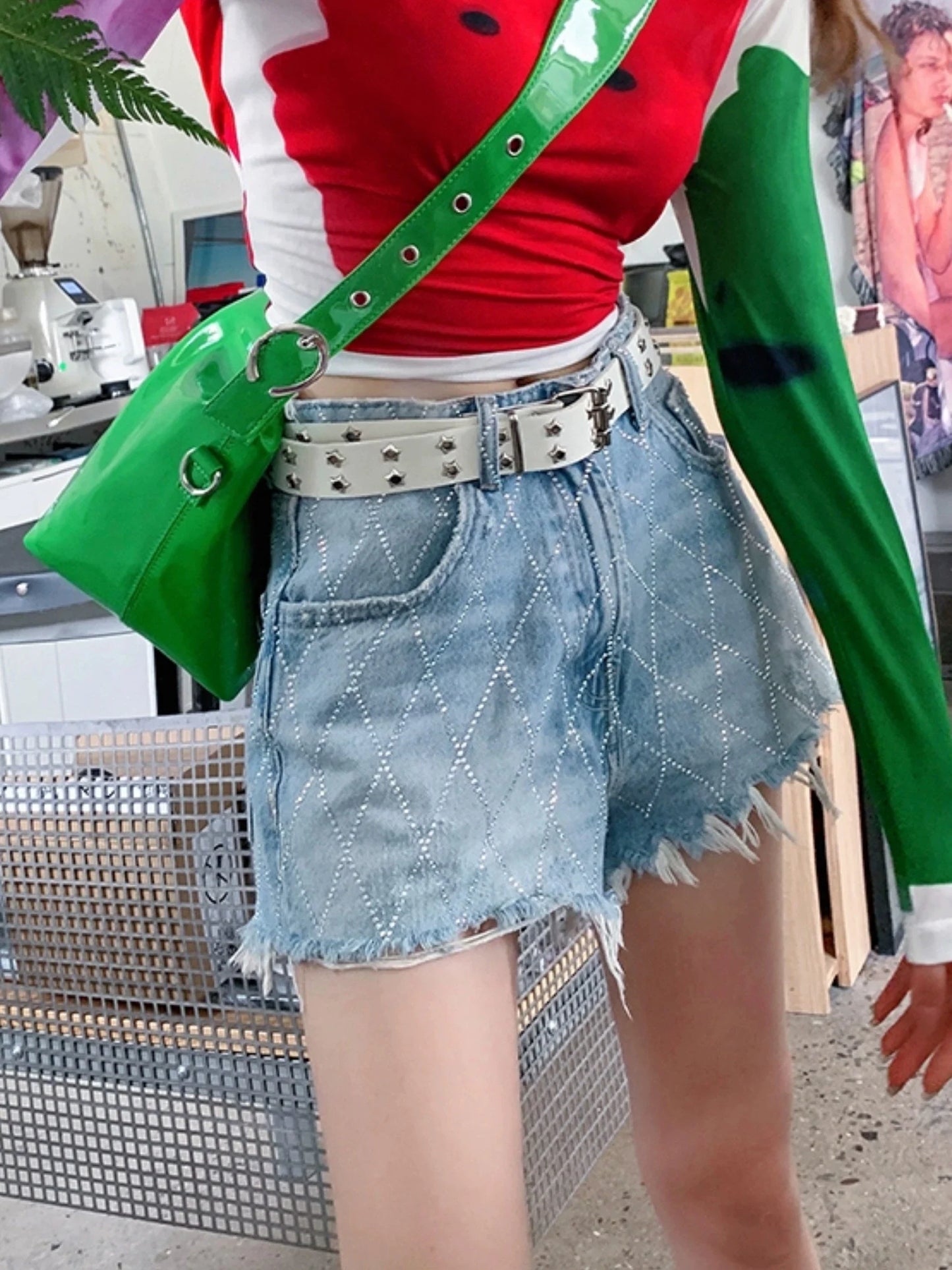 Crossed Frayed Washed Denim Short