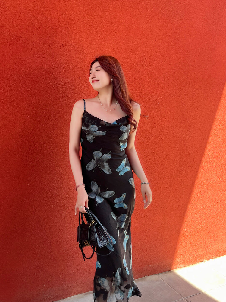 Slimming Chiffon Butterfly Floral Cami Dress for Women