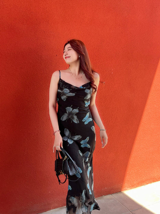 Slimming Chiffon Butterfly Floral Cami Dress for Women