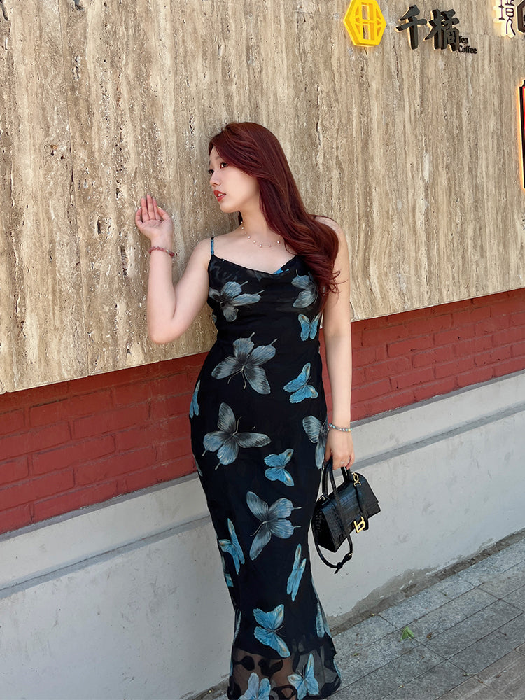 Slimming Chiffon Butterfly Floral Cami Dress for Women