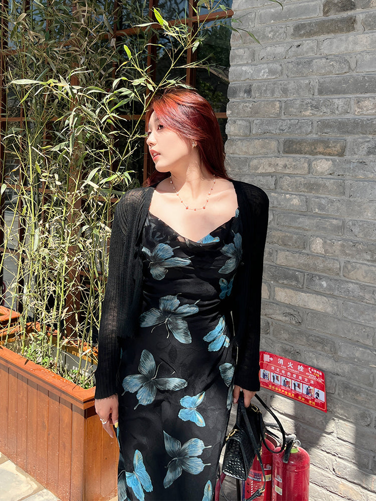 Slimming Chiffon Butterfly Floral Cami Dress for Women
