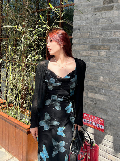 Slimming Chiffon Butterfly Floral Cami Dress for Women