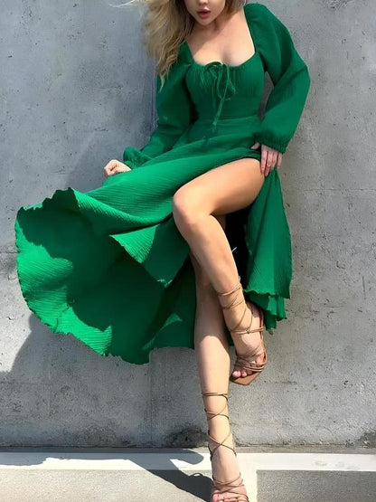 Square Neck Tie Front Bishop Sleeve Crinkle Gauze High Slit Midi Dress