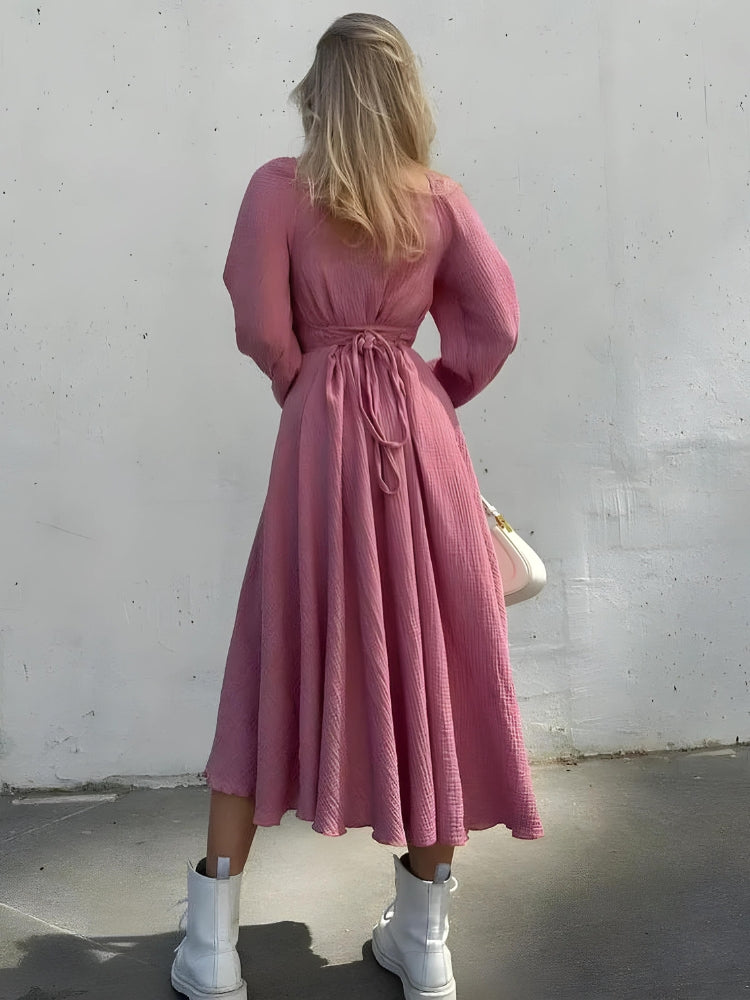 Square Neck Tie Front Bishop Sleeve Crinkle Gauze High Slit Midi Dress