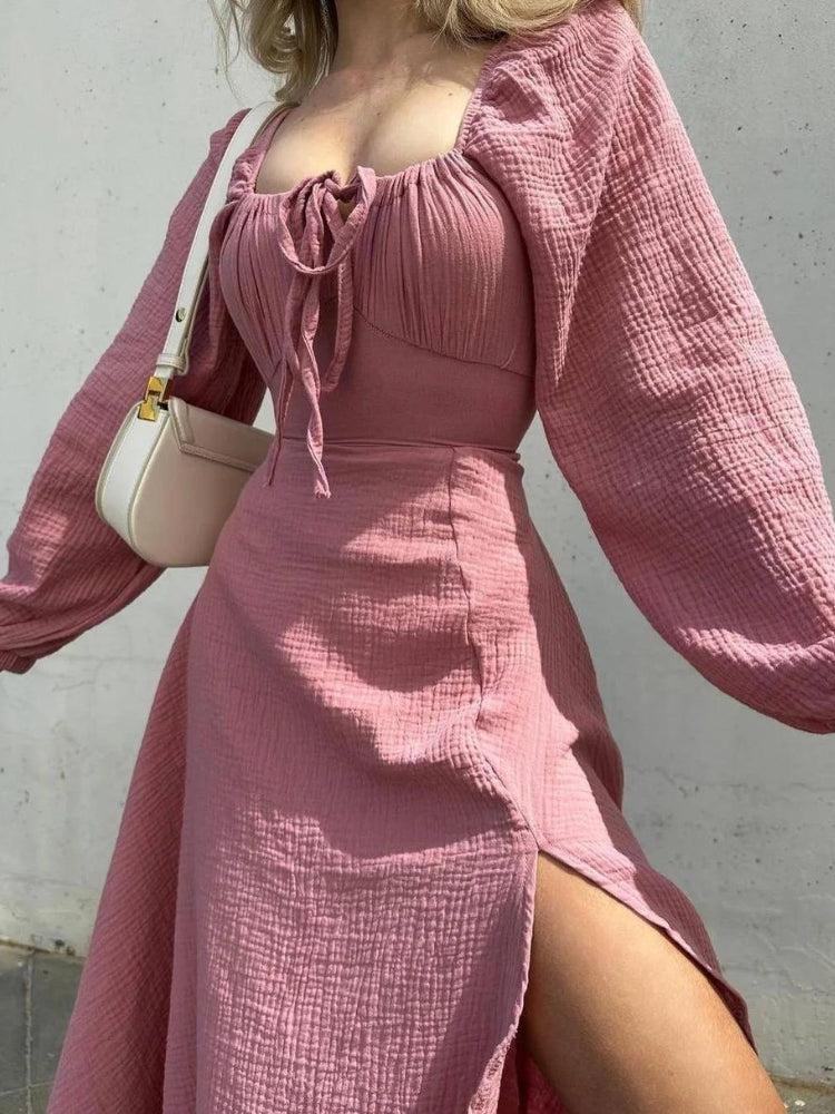 Square Neck Tie Front Bishop Sleeve Crinkle Gauze High Slit Midi Dress