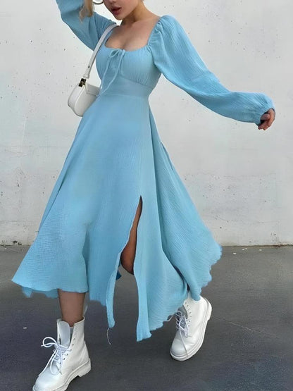 Square Neck Tie Front Bishop Sleeve Crinkle Gauze High Slit Midi Dress