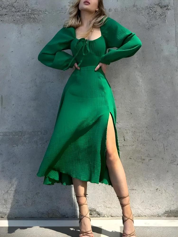 Square Neck Tie Front Bishop Sleeve Crinkle Gauze High Slit Midi Dress