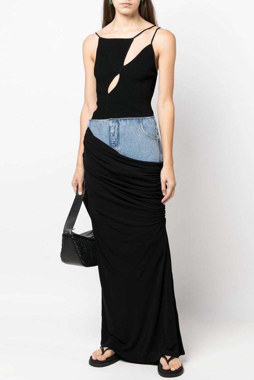 Sloane Draped Patchwork Denim Skirt