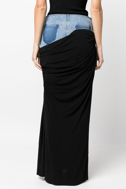 Sloane Draped Patchwork Denim Skirt
