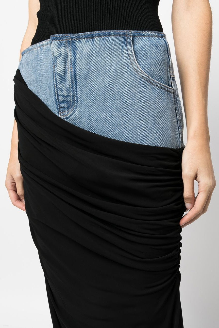 Sloane Draped Patchwork Denim Skirt