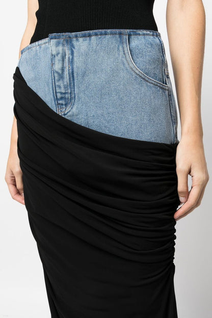 Sloane Draped Patchwork Denim Skirt