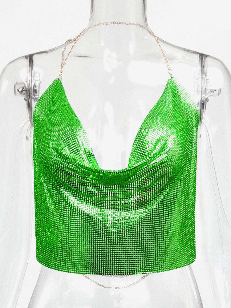 Sexy Straps Halter Metal Tops Sequin Clubwear Tops Sliver Sleeveless Spaghetti Straps Cami Draped Crop For Women