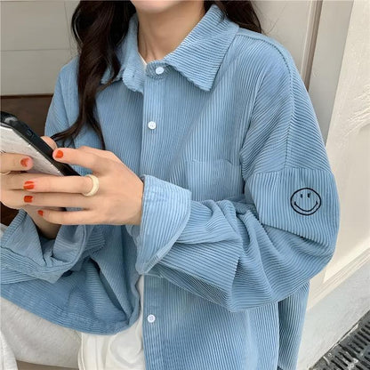 Smiley Embroidered Corduroy Shirt