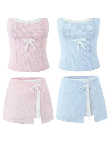 Striped Lace Bow Cami Top & Tied Skort Skirt Coord Set