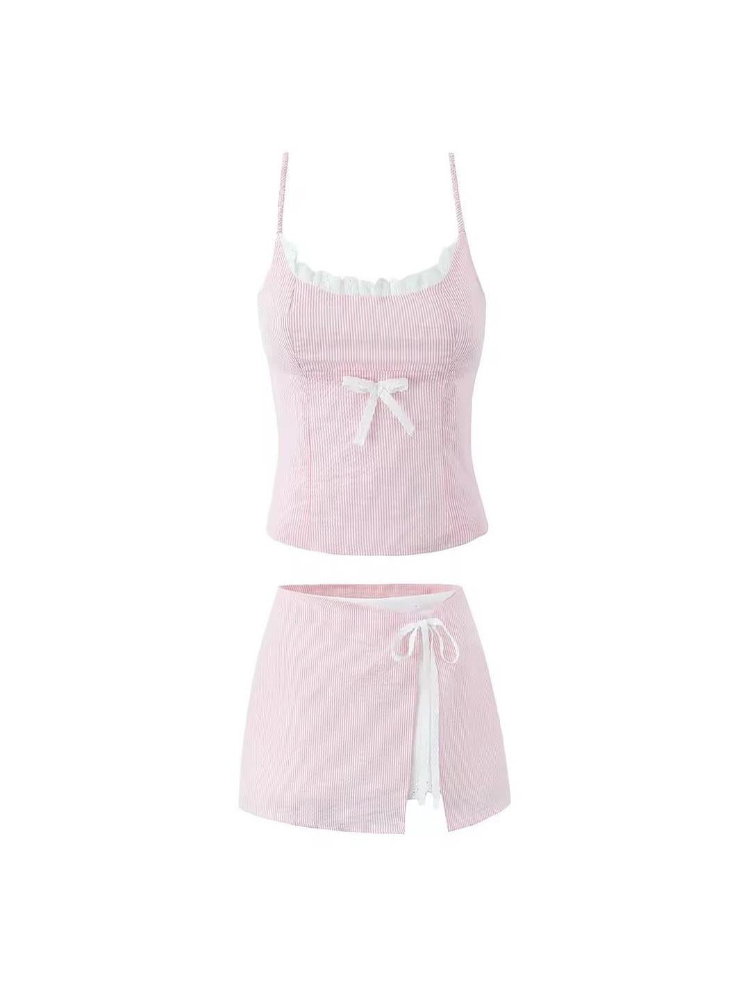 Striped Lace Bow Cami Top & Tied Skort Skirt Coord Set