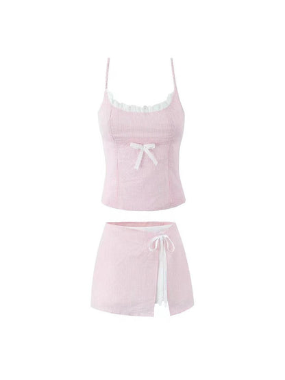 Striped Lace Bow Cami Top & Tied Skort Skirt Coord Set
